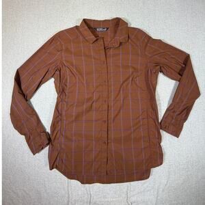 Arc'teryx Women L Brown Riel Long Sleeve Button Front Outdoor Hiking Shirt Trail